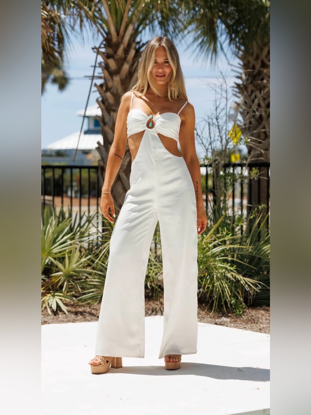 White Cutout Wide-Leg Jumpsuit with Ring Accent